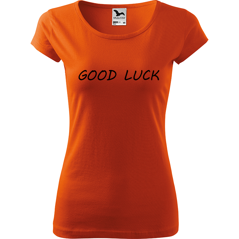 Ručně malované dámské bavlněné tričko - Good Luck Barva trička: ORANŽOVÁ, Velikost trička: L, Barva motivu: ČERNÁ