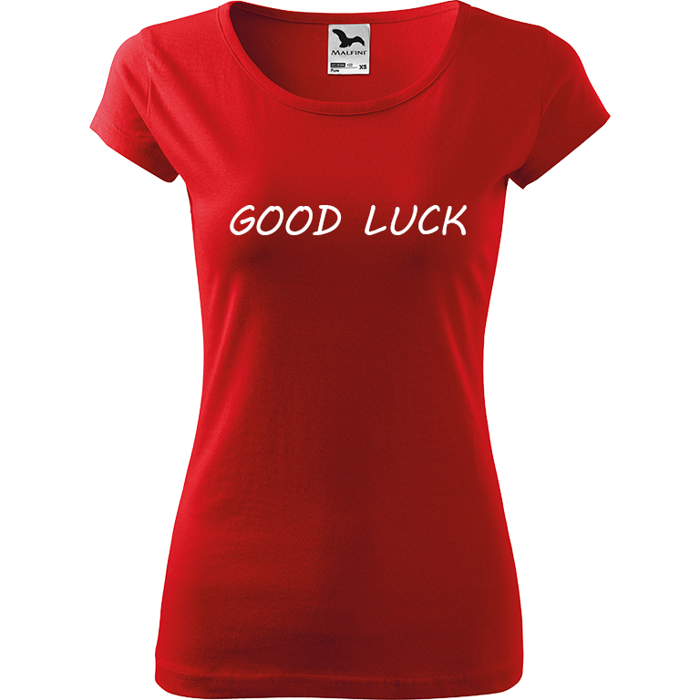 Ručně malované dámské bavlněné tričko - Good Luck Barva trička: ČERVENÁ, Velikost trička: XS, Barva motivu: BÍLÁ