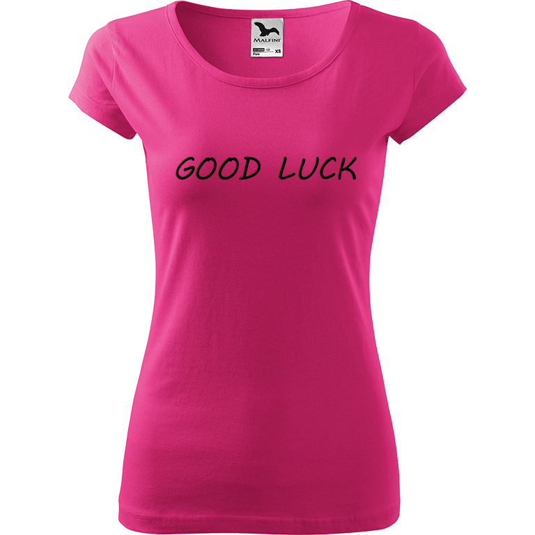 Ručně malované dámské bavlněné tričko - Good Luck Barva trička: RŮŽOVÁ, Velikost trička: S, Barva motivu: ČERNÁ