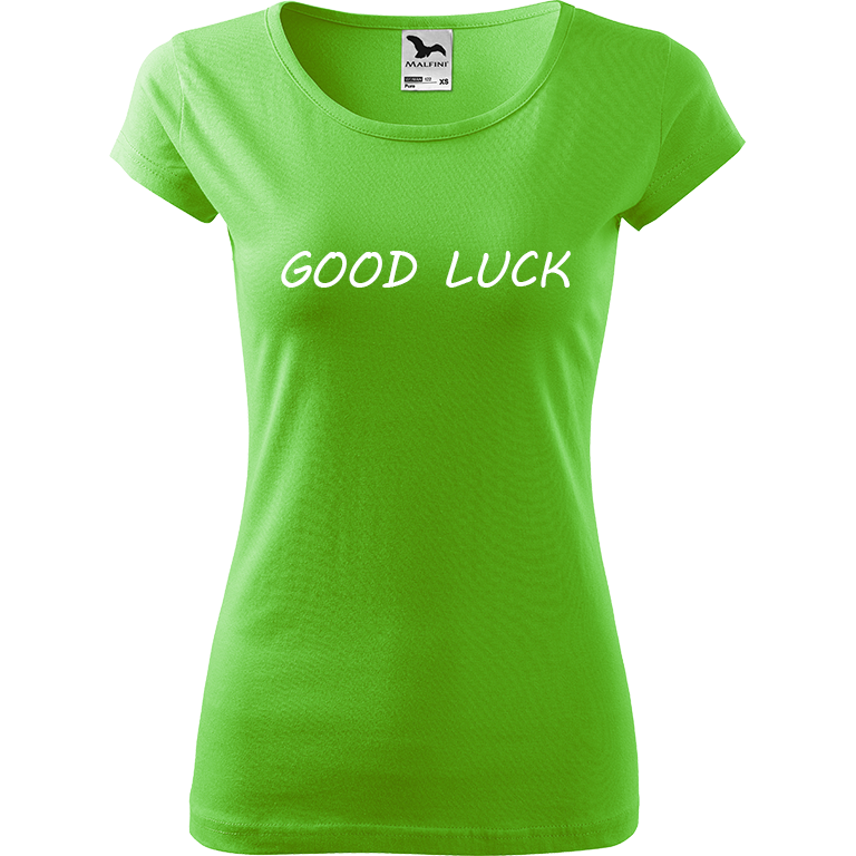 Ručně malované dámské bavlněné tričko - Good Luck Barva trička: SVĚTLE ZELENÁ, Velikost trička: XL, Barva motivu: BÍLÁ