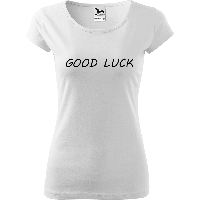 Ručně malované dámské bavlněné tričko - Good Luck Barva trička: BÍLÁ, Velikost trička: XS, Barva motivu: ČERNÁ