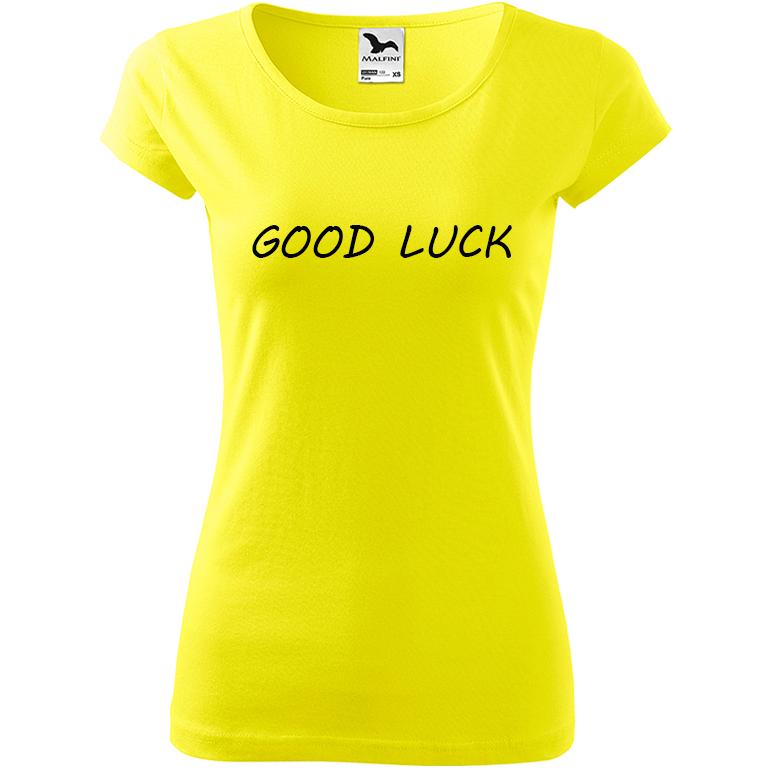 Ručně malované dámské bavlněné tričko - Good Luck Barva trička: CITRONOVÁ, Velikost trička: XS, Barva motivu: ČERNÁ
