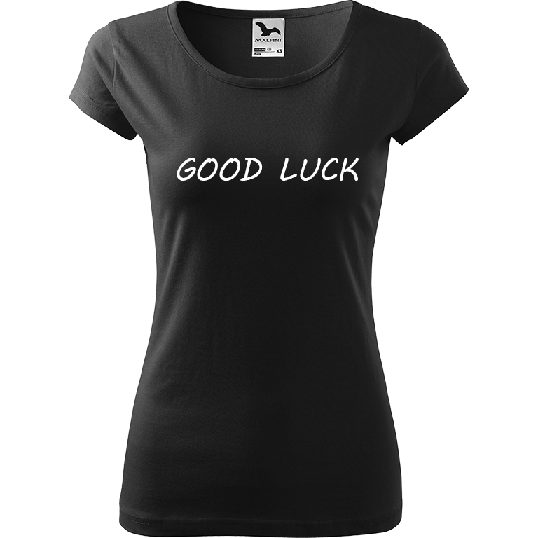 Ručně malované dámské bavlněné tričko - Good Luck Barva trička: ČERNÁ, Velikost trička: XS, Barva motivu: BÍLÁ