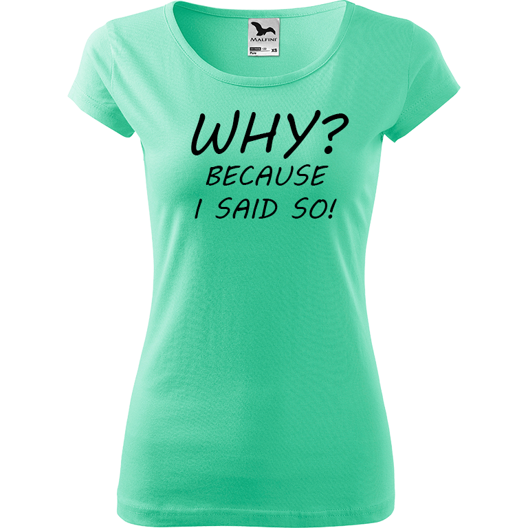Ručně malované dámské bavlněné tričko - Why? Because I Said So! Barva trička: MÁTOVÁ, Velikost trička: XL, Barva motivu: ČERNÁ