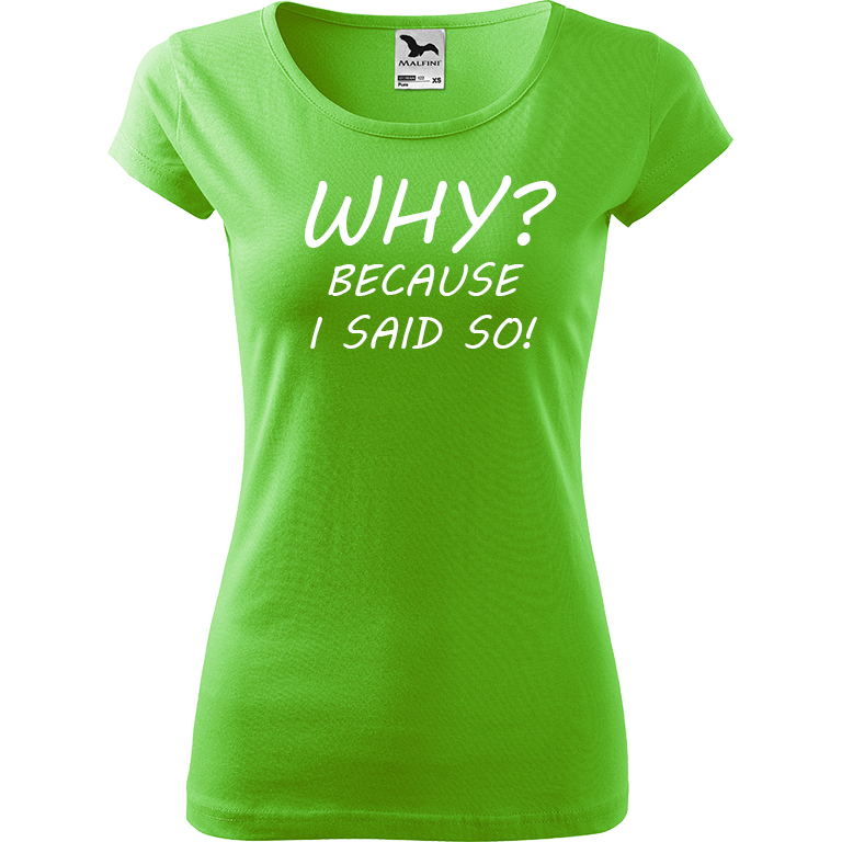 Ručně malované dámské bavlněné tričko - Why? Because I Said So! Barva trička: SVĚTLE ZELENÁ, Velikost trička: L, Barva motivu: BÍLÁ
