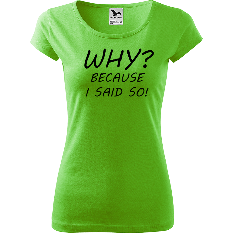 Ručně malované dámské bavlněné tričko - Why? Because I Said So! Barva trička: SVĚTLE ZELENÁ, Velikost trička: XS, Barva motivu: ČERNÁ