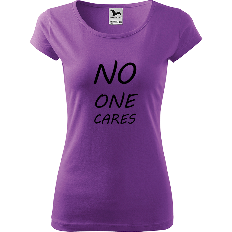 Ručně malované dámské bavlněné tričko - No One Cares Barva trička: FIALOVÁ, Velikost trička: XS, Barva motivu: ČERNÁ