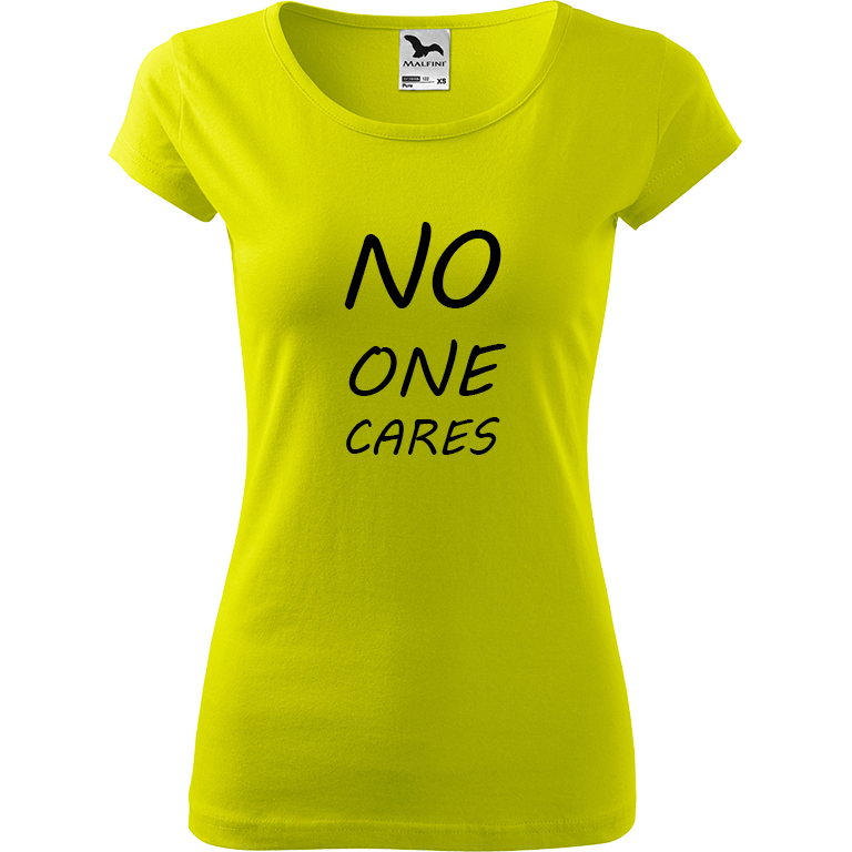 Ručně malované dámské bavlněné tričko - No One Cares Barva trička: LIMETKOVÁ, Velikost trička: L, Barva motivu: ČERNÁ