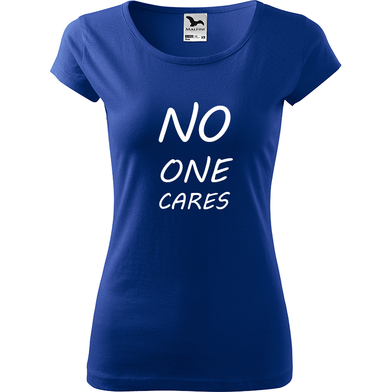 Ručně malované dámské bavlněné tričko - No One Cares Barva trička: MODRÁ, Velikost trička: XXL, Barva motivu: BÍLÁ