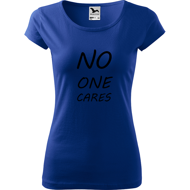 Ručně malované dámské bavlněné tričko - No One Cares Barva trička: MODRÁ, Velikost trička: XS, Barva motivu: ČERNÁ