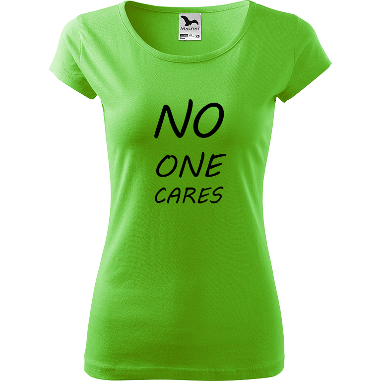 Ručně malované dámské bavlněné tričko - No One Cares Barva trička: SVĚTLE ZELENÁ, Velikost trička: XS, Barva motivu: ČERNÁ