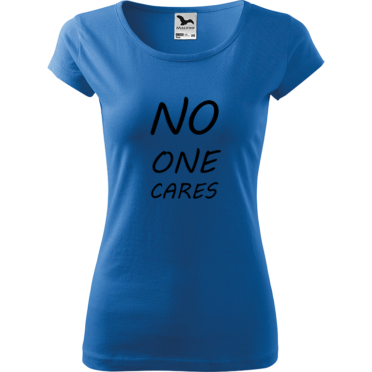 Ručně malované dámské bavlněné tričko - No One Cares Barva trička: AZUROVÁ, Velikost trička: XS, Barva motivu: ČERNÁ