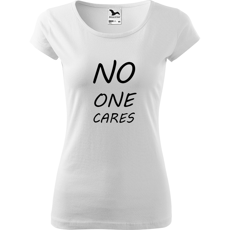 Ručně malované dámské bavlněné tričko - No One Cares Barva trička: BÍLÁ, Velikost trička: XS, Barva motivu: ČERNÁ