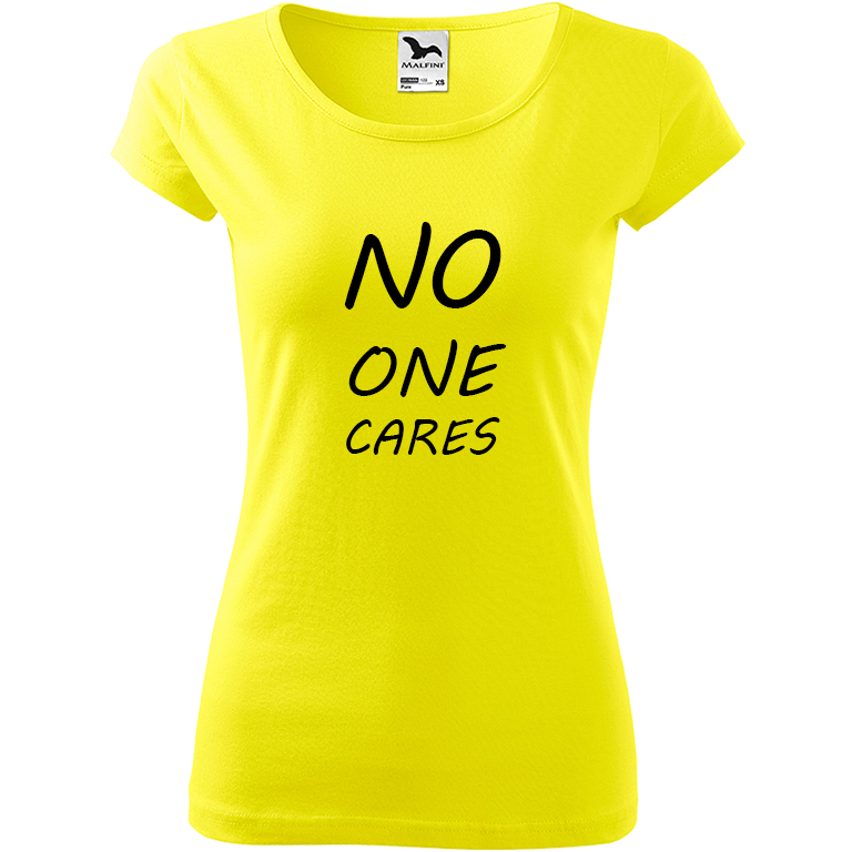Ručně malované dámské bavlněné tričko - No One Cares Barva trička: CITRONOVÁ, Velikost trička: XS, Barva motivu: ČERNÁ