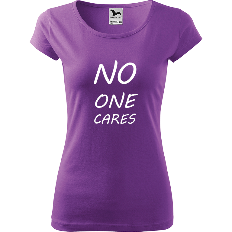 Ručně malované dámské bavlněné tričko - No One Cares Barva trička: FIALOVÁ, Velikost trička: M, Barva motivu: BÍLÁ