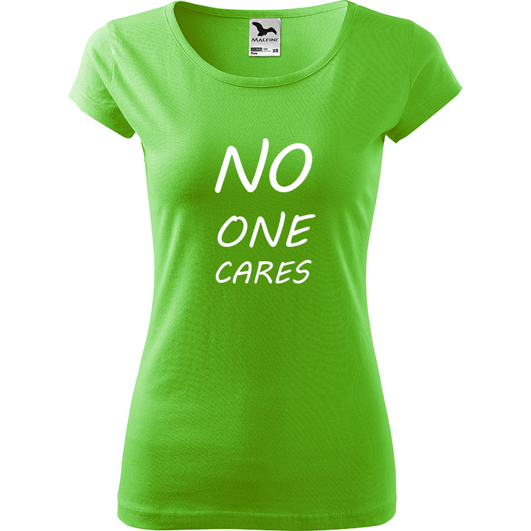 Ručně malované dámské bavlněné tričko - No One Cares Barva trička: SVĚTLE ZELENÁ, Velikost trička: XS, Barva motivu: BÍLÁ