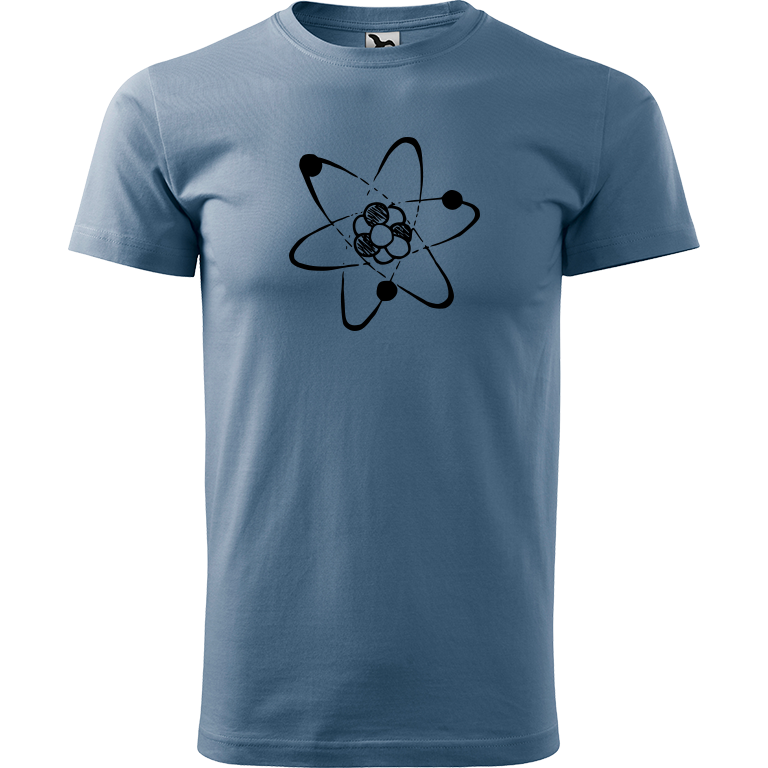 Ručně malované pánské bavlněné tričko - Atom Barva trička: DENIM, Velikost trička: L, Barva motivu: ČERNÁ