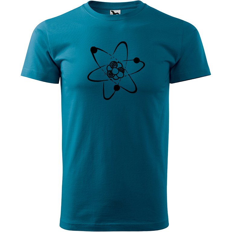 Ručně malované pánské bavlněné tričko - Atom Barva trička: PETROLEJOVÁ, Velikost trička: XL, Barva motivu: ČERNÁ