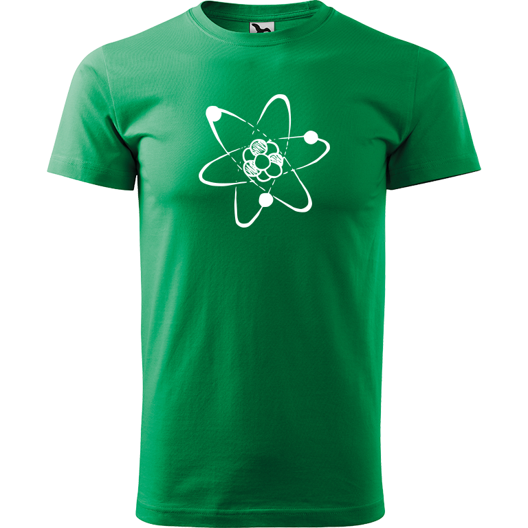 Ručně malované pánské bavlněné tričko - Atom Barva trička: STŘEDNĚ ZELENÁ, Velikost trička: XS, Barva motivu: BÍLÁ
