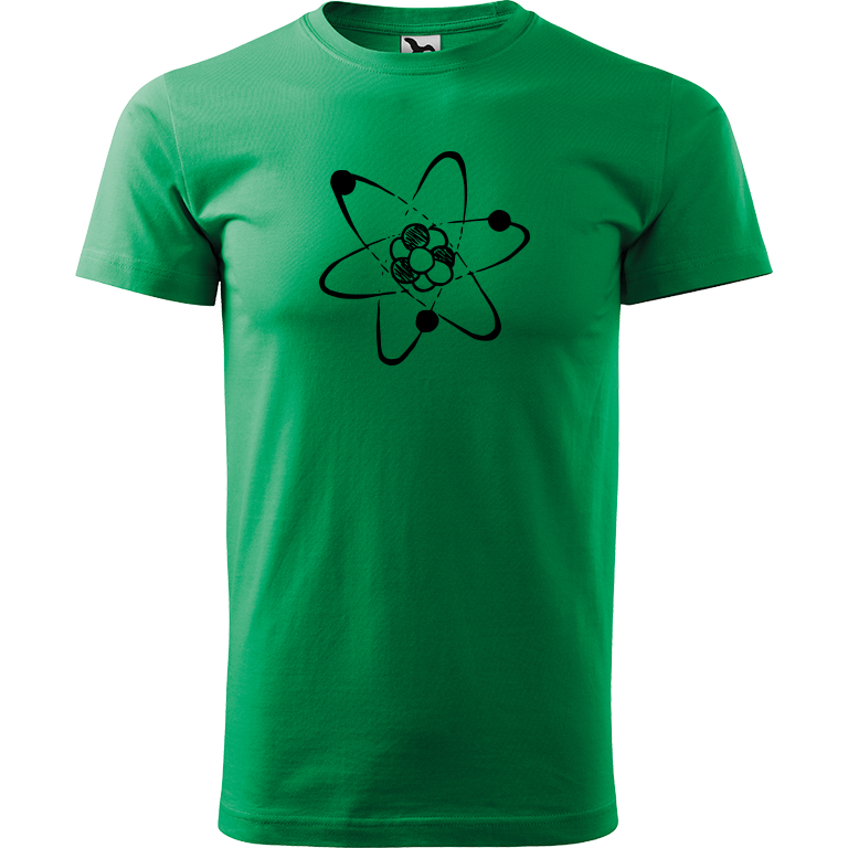 Ručně malované pánské bavlněné tričko - Atom Barva trička: STŘEDNĚ ZELENÁ, Velikost trička: XS, Barva motivu: ČERNÁ