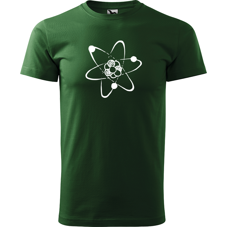 Ručně malované pánské bavlněné tričko - Atom Barva trička: TMAVĚ ZELENÁ, Velikost trička: XL, Barva motivu: BÍLÁ