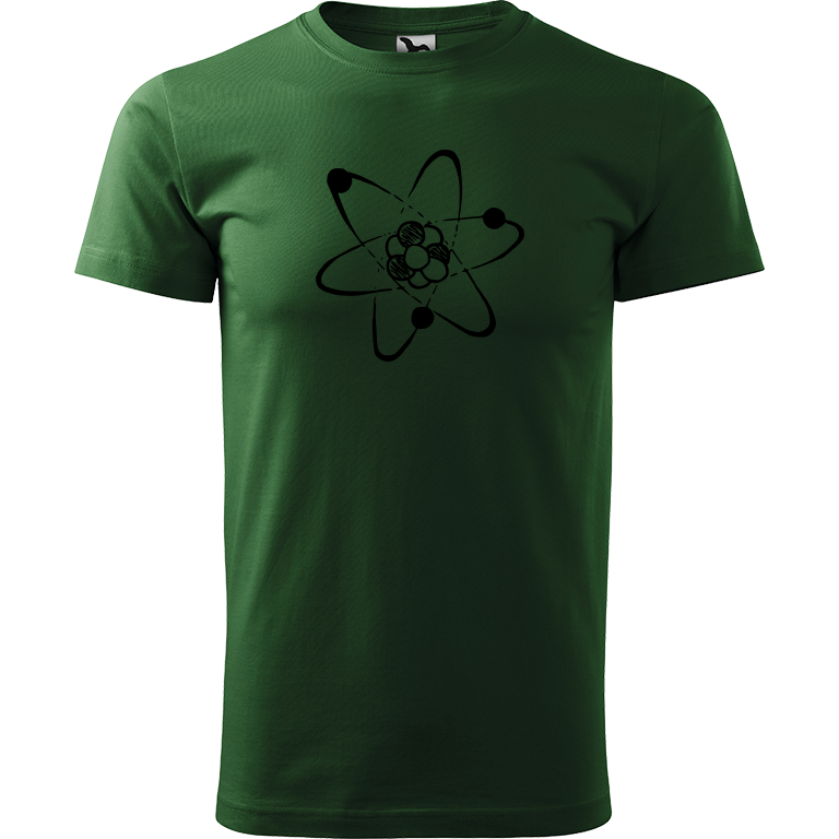 Ručně malované pánské bavlněné tričko - Atom Barva trička: TMAVĚ ZELENÁ, Velikost trička: XXL, Barva motivu: ČERNÁ