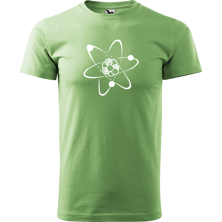 Ručně malované pánské bavlněné tričko - Atom Barva trička: TRÁVOVĚ ZELENÁ, Velikost trička: XXL, Barva motivu: BÍLÁ