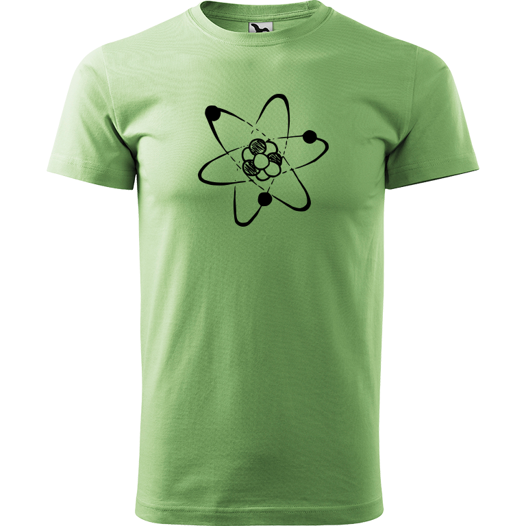 Ručně malované pánské bavlněné tričko - Atom Barva trička: TRÁVOVĚ ZELENÁ, Velikost trička: XL, Barva motivu: ČERNÁ