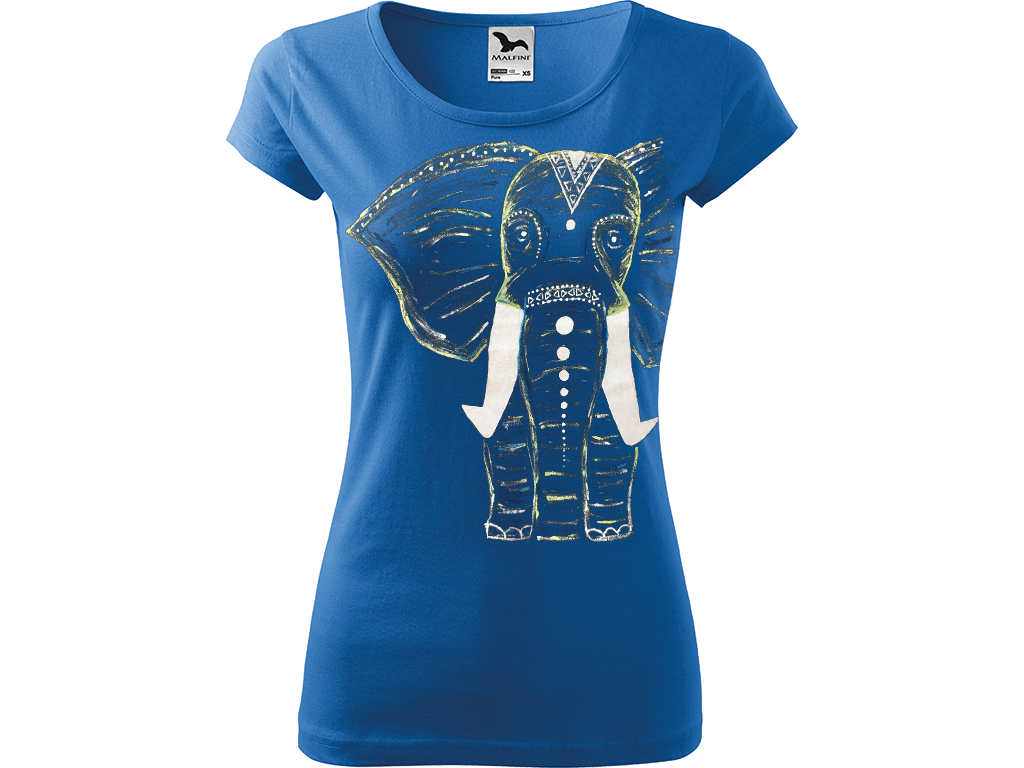 Ručně malované dámské bavlněné tričko - Slon Barva trička: AZUROVÁ, Velikost trička: L, Barva motivu: BÍLÁ