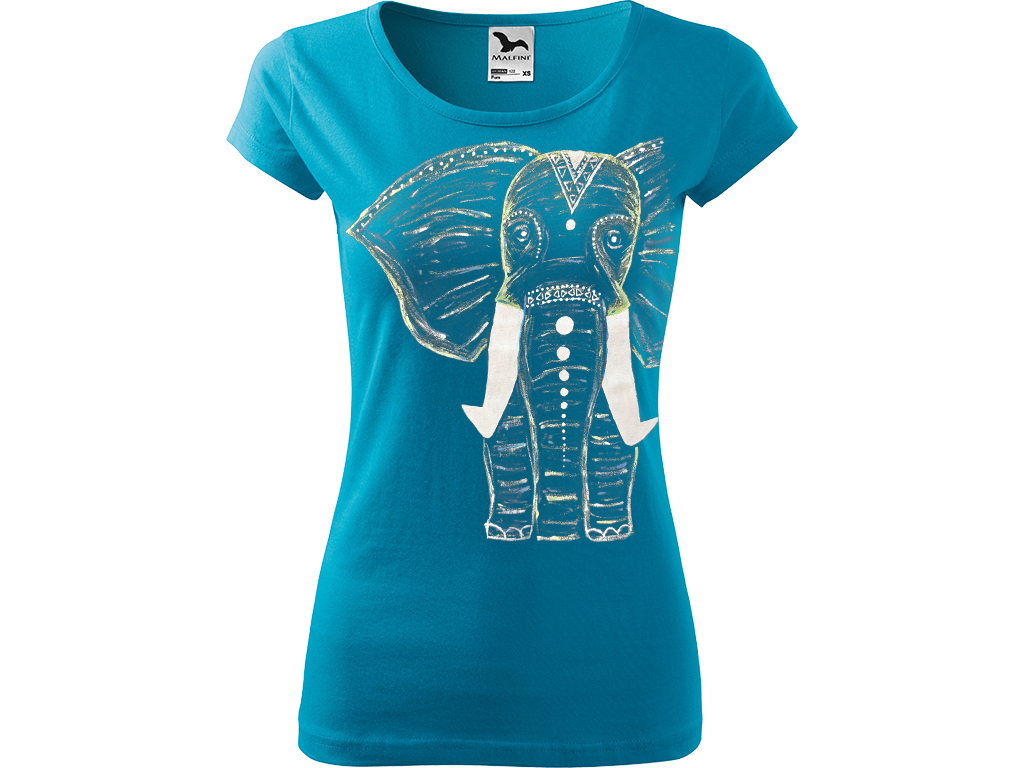 Ručně malované dámské bavlněné tričko - Slon Barva trička: TYRKYSOVÁ, Velikost trička: M, Barva motivu: BÍLÁ
