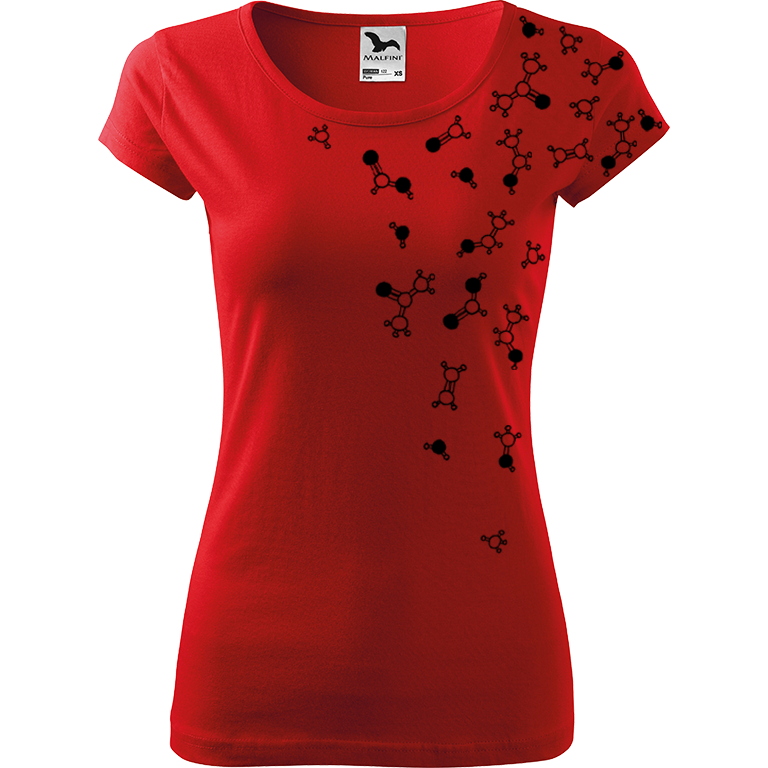 Ručně malované dámské bavlněné tričko - Molekuly Barva trička: ČERVENÁ, Velikost trička: XL, Barva motivu: ČERNÁ