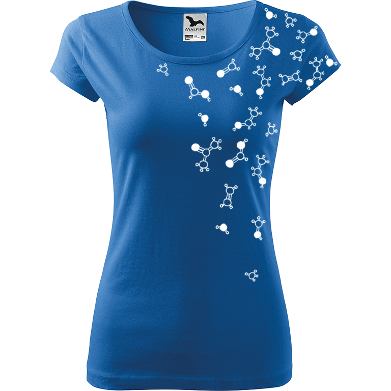 Ručně malované dámské bavlněné tričko - Molekuly Barva trička: AZUROVÁ, Velikost trička: L, Barva motivu: BÍLÁ