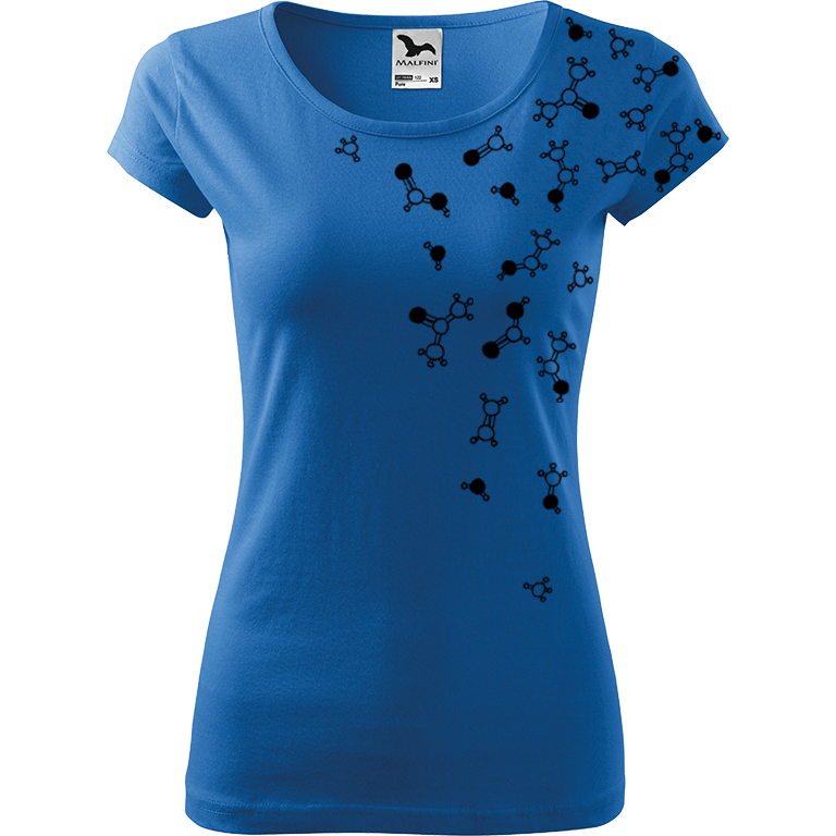 Ručně malované dámské bavlněné tričko - Molekuly Barva trička: AZUROVÁ, Velikost trička: L, Barva motivu: ČERNÁ