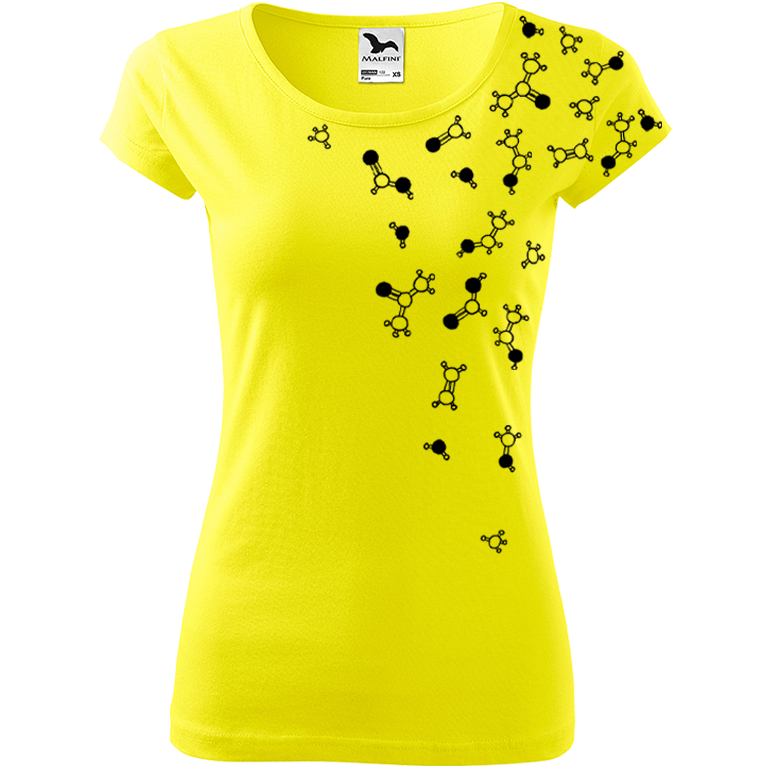 Ručně malované dámské bavlněné tričko - Molekuly Barva trička: CITRONOVÁ, Velikost trička: S, Barva motivu: ČERNÁ