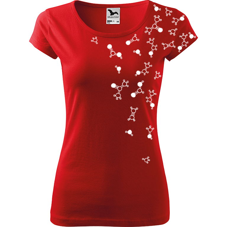 Ručně malované dámské bavlněné tričko - Molekuly Barva trička: ČERVENÁ, Velikost trička: XXL, Barva motivu: BÍLÁ