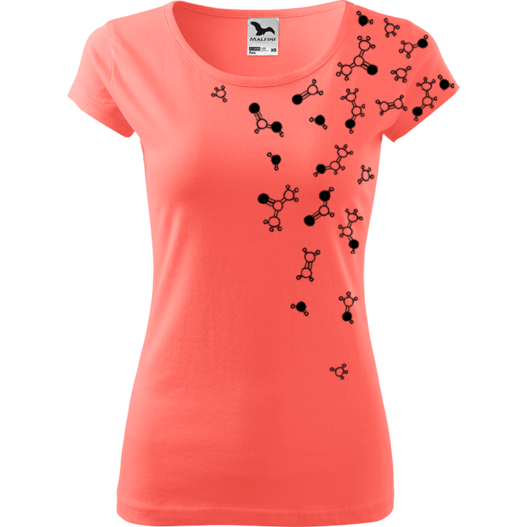 Ručně malované dámské bavlněné tričko - Molekuly Barva trička: KORÁLOVÁ, Velikost trička: XL, Barva motivu: ČERNÁ