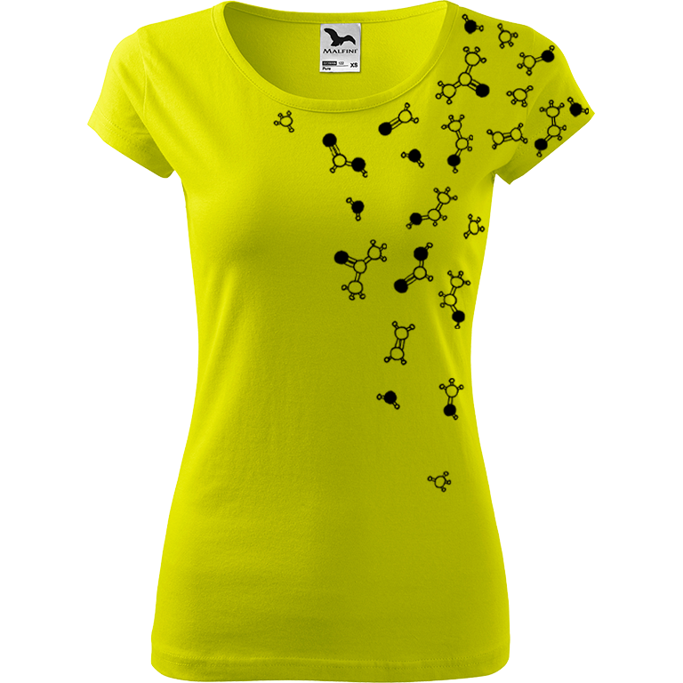 Ručně malované dámské bavlněné tričko - Molekuly Barva trička: LIMETKOVÁ, Velikost trička: M, Barva motivu: ČERNÁ
