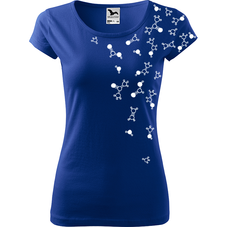 Ručně malované dámské bavlněné tričko - Molekuly Barva trička: MODRÁ, Velikost trička: S, Barva motivu: BÍLÁ