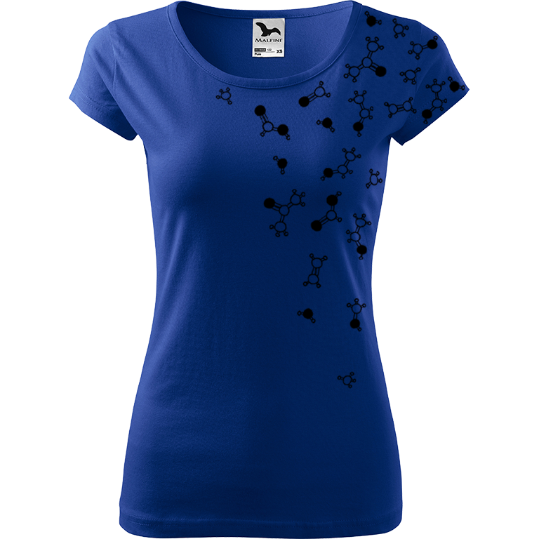 Ručně malované dámské bavlněné tričko - Molekuly Barva trička: MODRÁ, Velikost trička: XL, Barva motivu: ČERNÁ