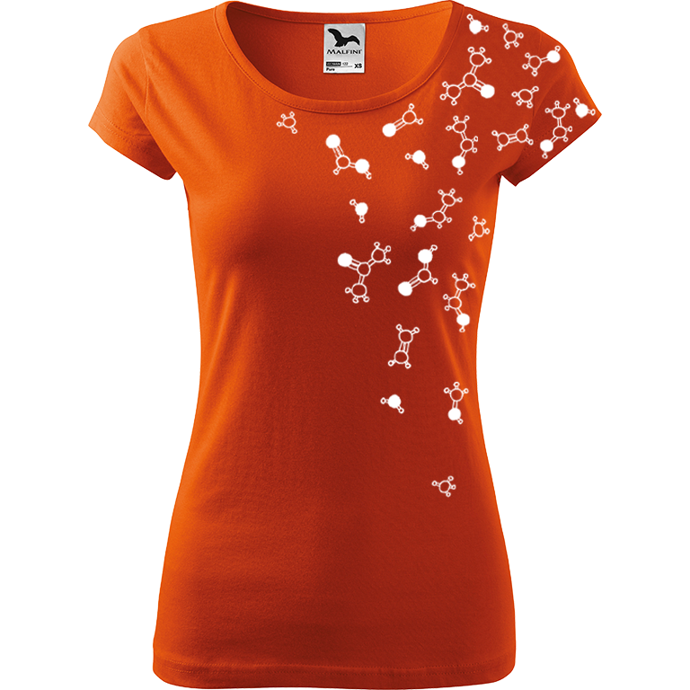 Ručně malované dámské bavlněné tričko - Molekuly Barva trička: ORANŽOVÁ, Velikost trička: S, Barva motivu: BÍLÁ