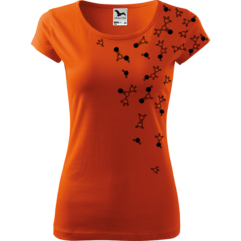 Ručně malované dámské bavlněné tričko - Molekuly Barva trička: ORANŽOVÁ, Velikost trička: S, Barva motivu: ČERNÁ