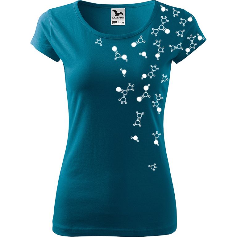 Ručně malované dámské bavlněné tričko - Molekuly Barva trička: PETROLEJOVÁ, Velikost trička: M, Barva motivu: BÍLÁ