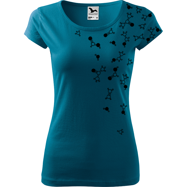 Ručně malované dámské bavlněné tričko - Molekuly Barva trička: PETROLEJOVÁ, Velikost trička: M, Barva motivu: ČERNÁ
