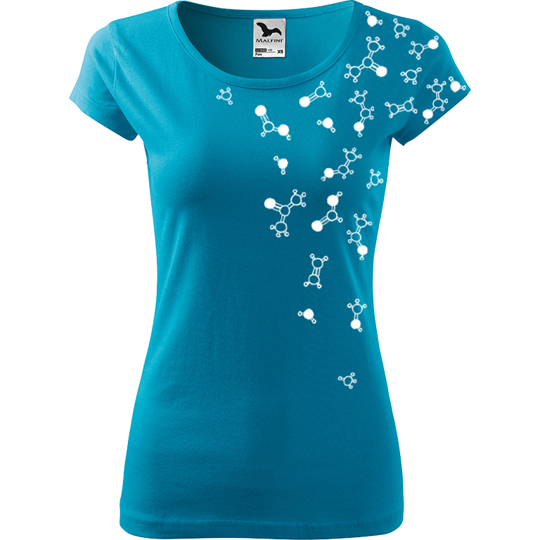 Ručně malované dámské bavlněné tričko - Molekuly Barva trička: TYRKYSOVÁ, Velikost trička: XXL, Barva motivu: BÍLÁ