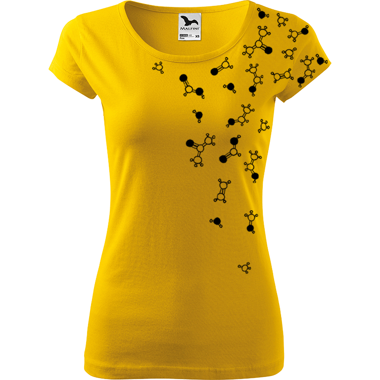 Ručně malované dámské bavlněné tričko - Molekuly Barva trička: ŽLUTÁ, Velikost trička: XL, Barva motivu: ČERNÁ