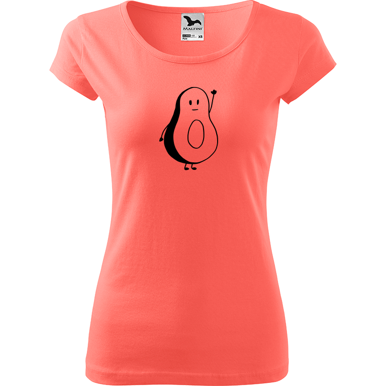 Ručně malované dámské bavlněné tričko - Pan Avokádo Barva trička: KORÁLOVÁ, Velikost trička: XL, Barva motivu: ČERNÁ