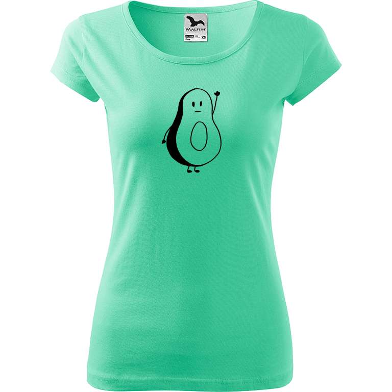Ručně malované dámské bavlněné tričko - Pan Avokádo Barva trička: MÁTOVÁ, Velikost trička: XL, Barva motivu: ČERNÁ