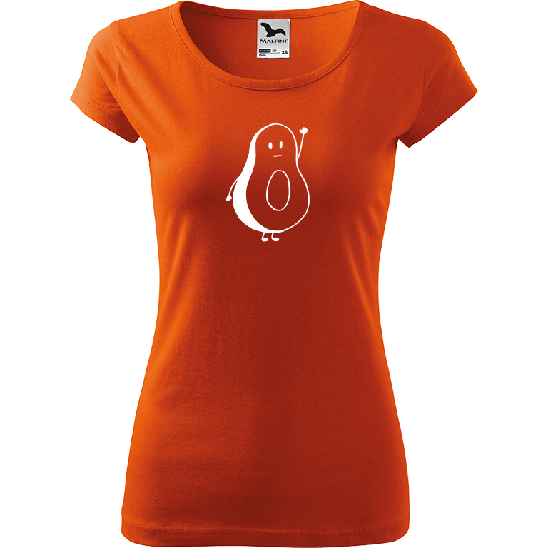 Ručně malované dámské bavlněné tričko - Pan Avokádo Barva trička: ORANŽOVÁ, Velikost trička: L, Barva motivu: BÍLÁ