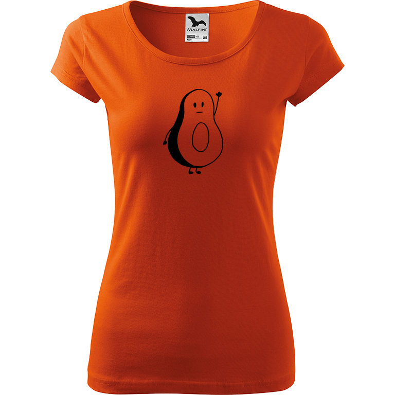 Ručně malované dámské bavlněné tričko - Pan Avokádo Barva trička: ORANŽOVÁ, Velikost trička: S, Barva motivu: ČERNÁ