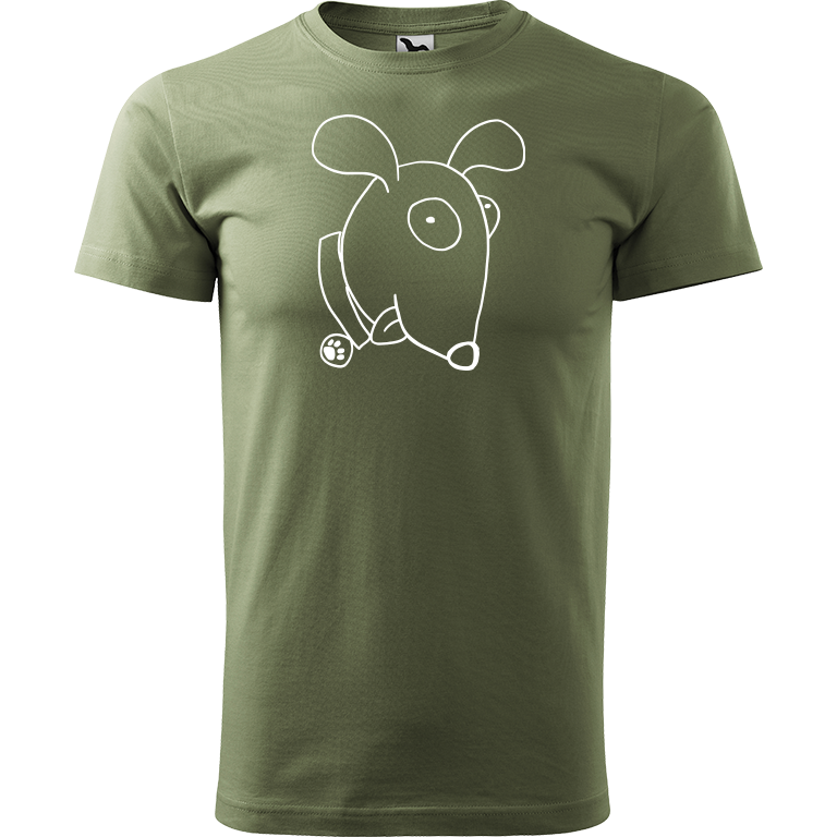 Ručně malované pánské bavlněné tričko - Crazy pes Barva trička: KHAKI, Velikost trička: S, Barva motivu: BÍLÁ
